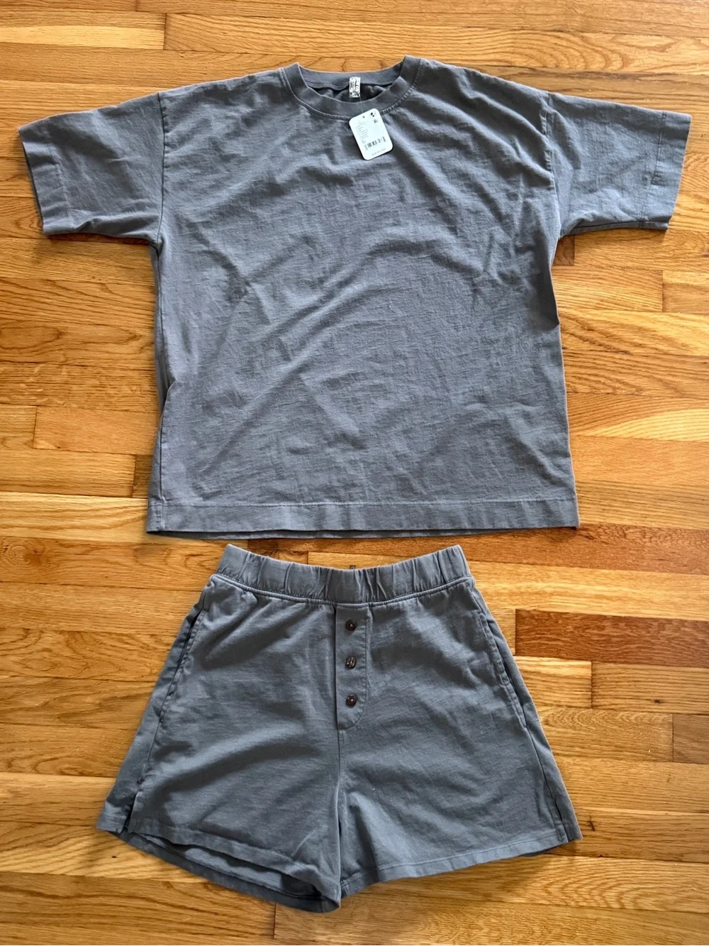 Free People Grayish Purple Two-Piece Lounge Set - Tee and Button-Front Shorts